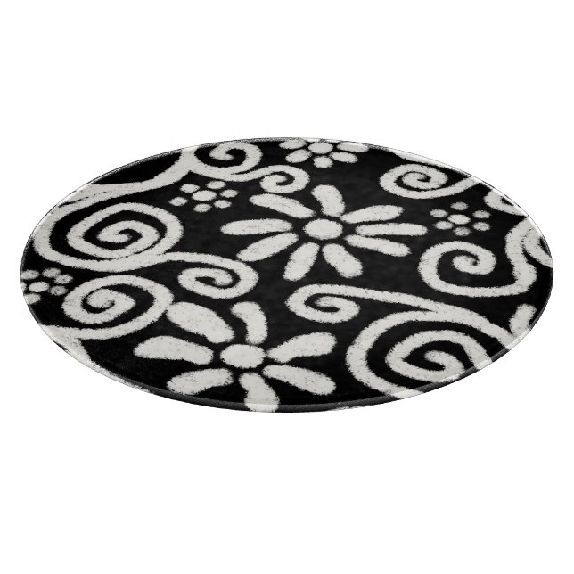 Black White Floral & Swirls Flowers Flower Pattern Cutting Board (Corner)