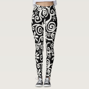 Black White Floral & Swirls Flowers Flower Pattern Leggings