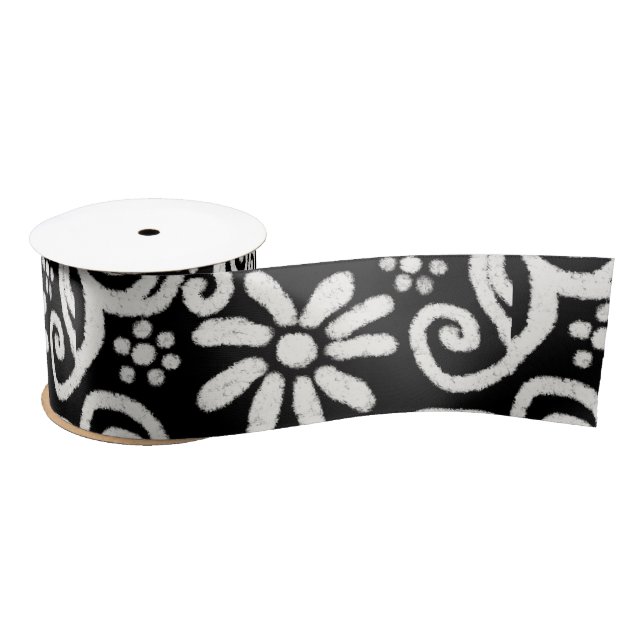 Black White Floral & Swirls Flowers Flower Pattern Satin Ribbon (Spool)