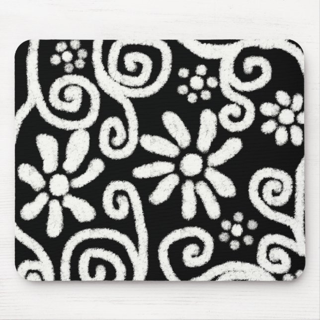 Black White Floral & Swirls Flowers Flower Swirl Mouse Mat (Front)