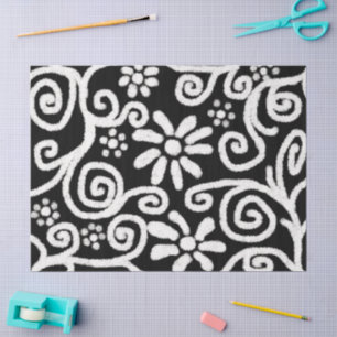 Black White Floral & Swirls Flowers Flower Swirl Tissue Paper