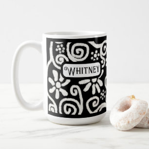 Black White Floral & Swirls Flowers Personalised Coffee Mug