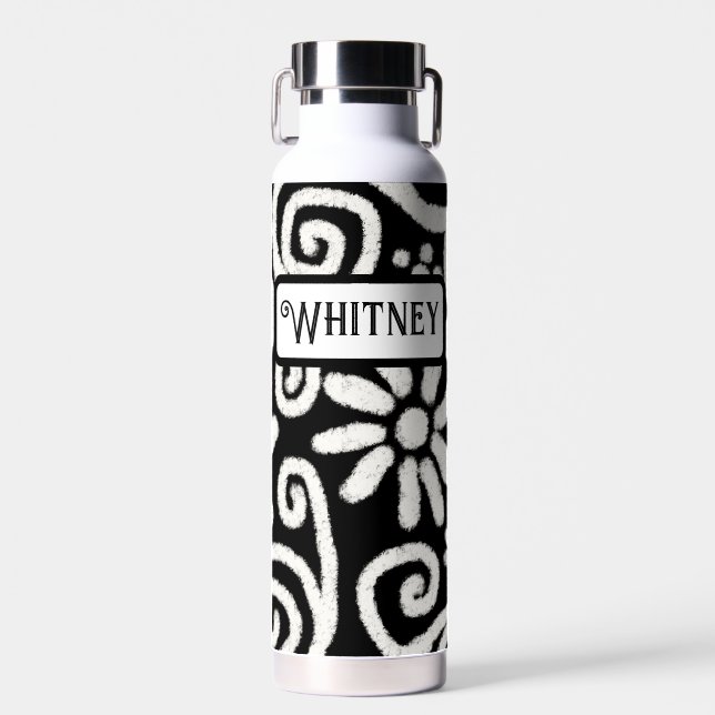 Black White Floral & Swirls Flowers Personalised Water Bottle (Front)