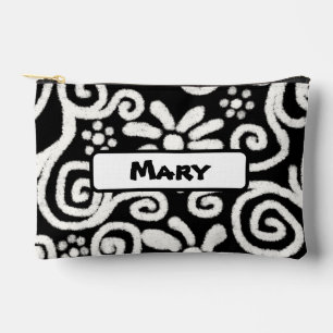 Black White Floral Swirls Pattern Personalised Accessory Pouch