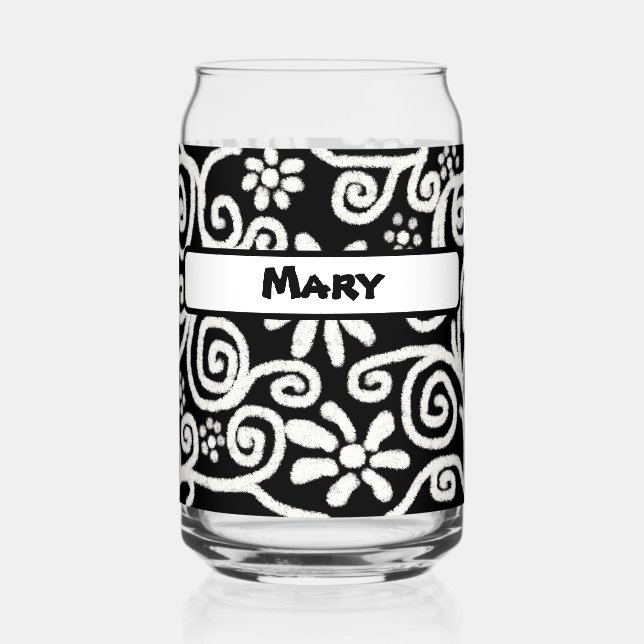 Black White Floral Swirls Pattern Personalised Can Glass (Front)