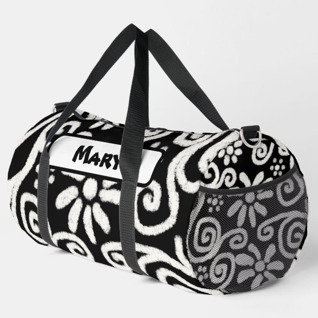 Black White Floral Swirls Pattern Personalised Duffle Bag (Right Corner)