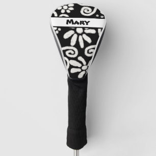 Black White Floral Swirls Pattern Personalised Golf Head Cover