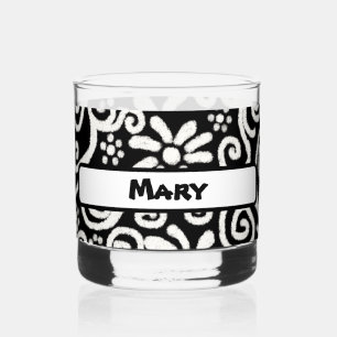 Black White Floral Swirls Pattern Personalised Whiskey Glass