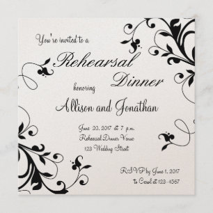 Black White Floral Swirls Rehearsal Dinner Invite
