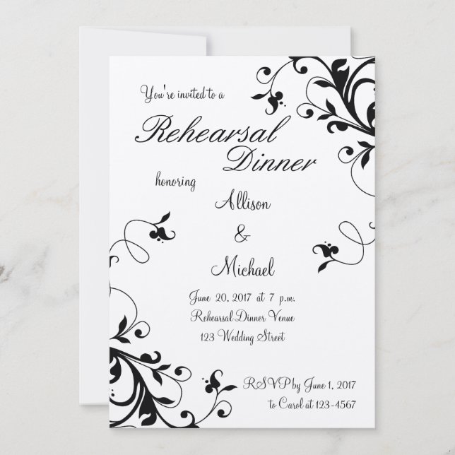 Black White Floral Swirls Rehearsal Dinner Invite (Front)