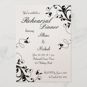 Black White Floral Swirls Rehearsal Dinner Invite