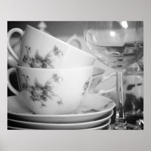 Black & White Floral Tea Cups & Goblets 16x20 Poster
