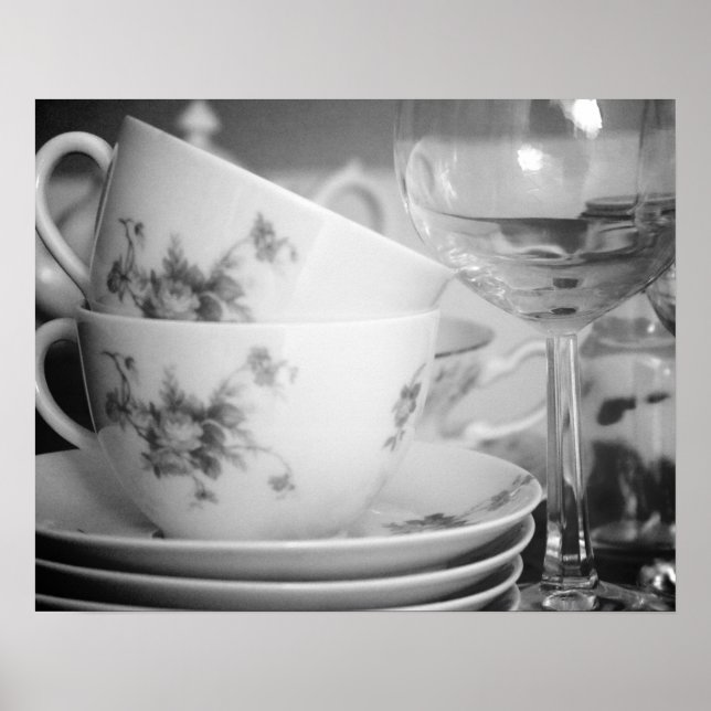 Black & White Floral Tea Cups & Goblets 16x20 Poster (Front)