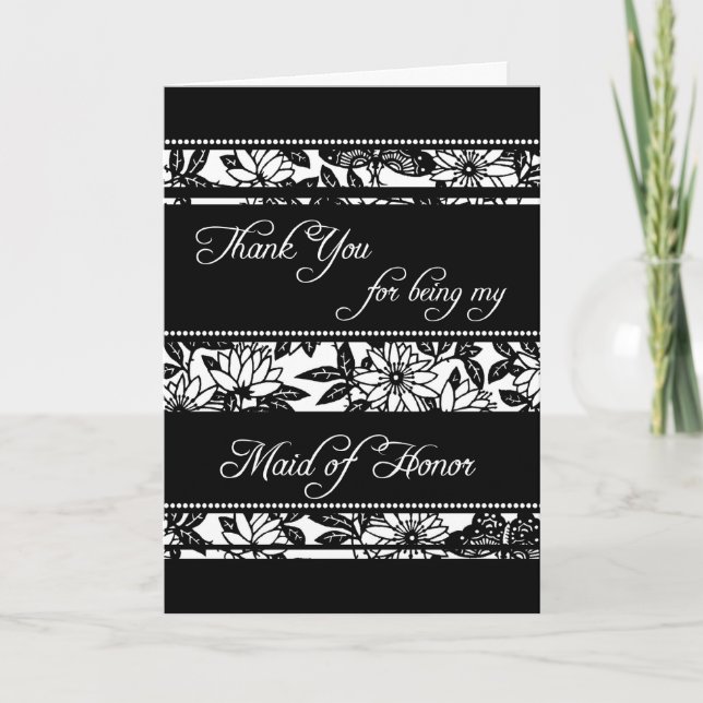 Black & White Floral Thank You Maid of Honour Card (Front)