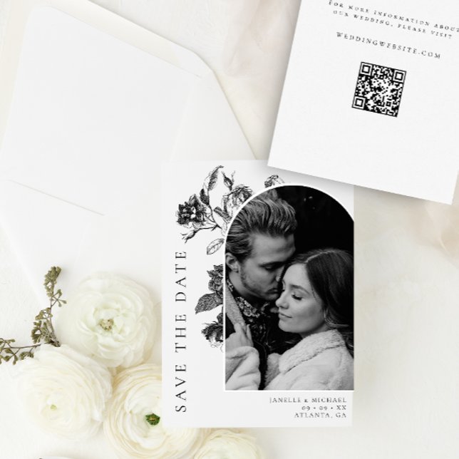 Black & White Floral Toile Arch Photo Wedding Save The Date (Creator Uploaded)