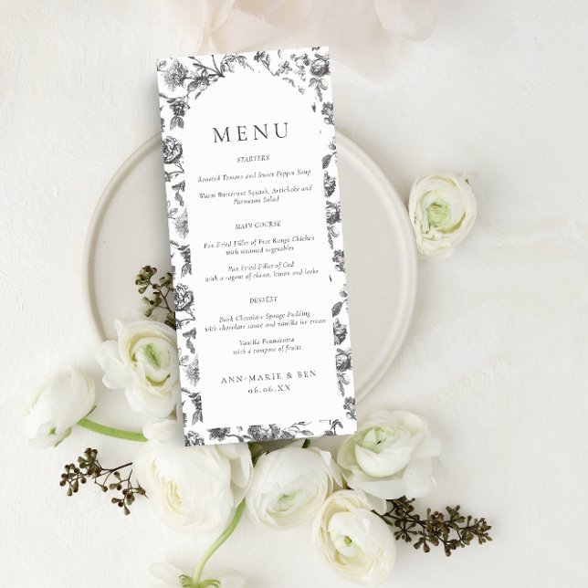 Black & White Floral Toile Arch Wedding Menu (Creator Uploaded)