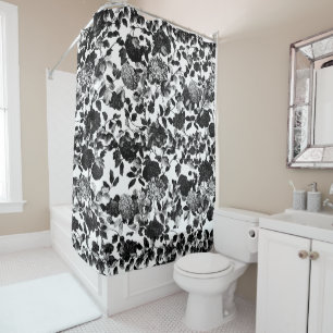Black White Floral Toile Garden Shower Curtain