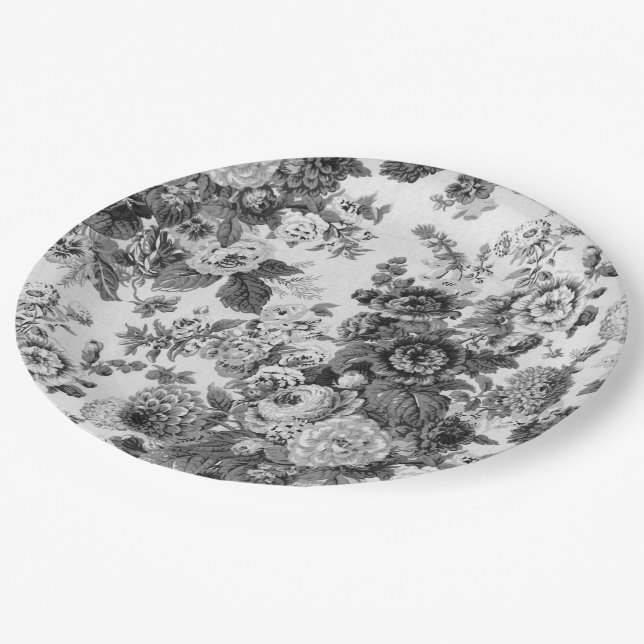 Black & White Floral Toile No.3 Paper Plate (Angled)