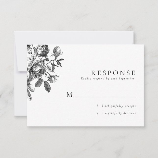 Black & White Floral Toile Wedding RSVP Card (Front)