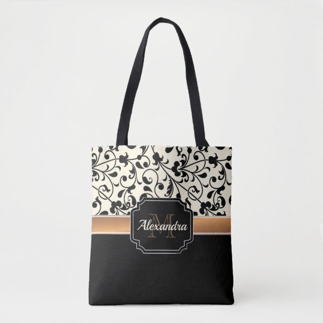 Black & White Floral Tote Bag (Front)
