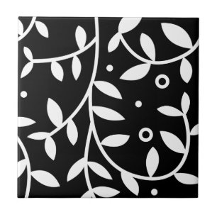 Black & White Floral Vines Contemporary Tile