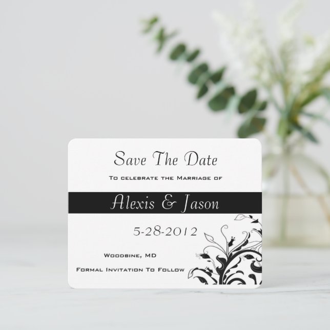Black & White Floral Vines | Wedding Save the Date (Standing Front)