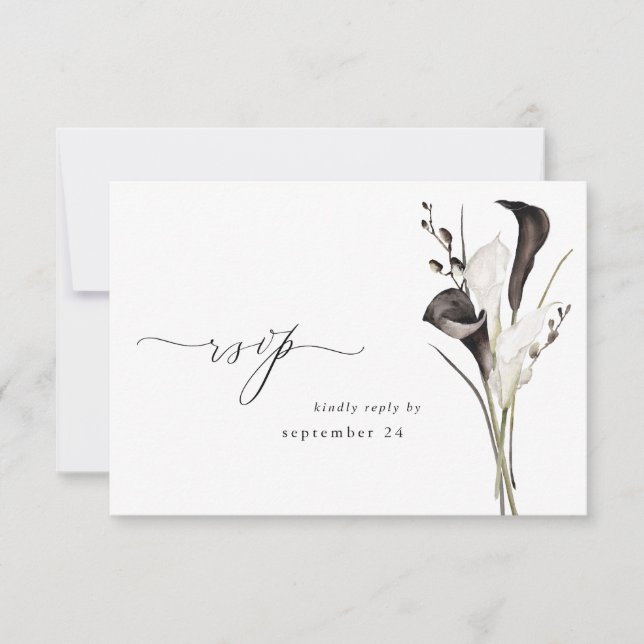 Black & White Floral w Meal RSVP 2 Card (Front)