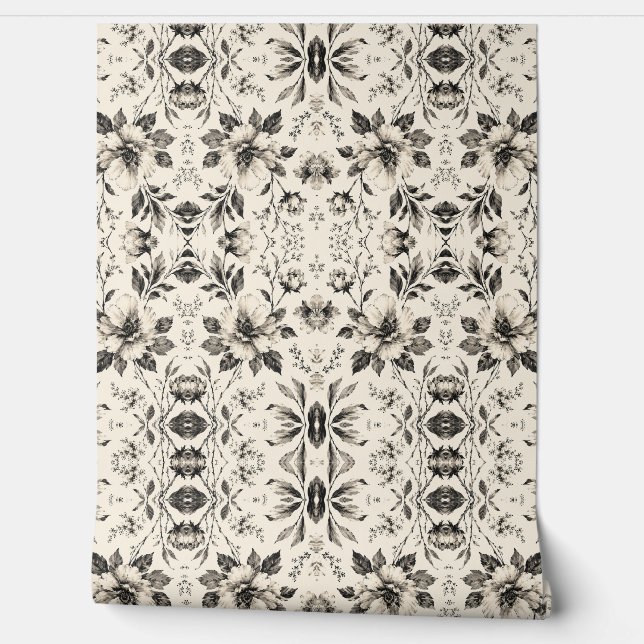 Black White Floral Wallpaper - Botanical Damask (Unrolling)
