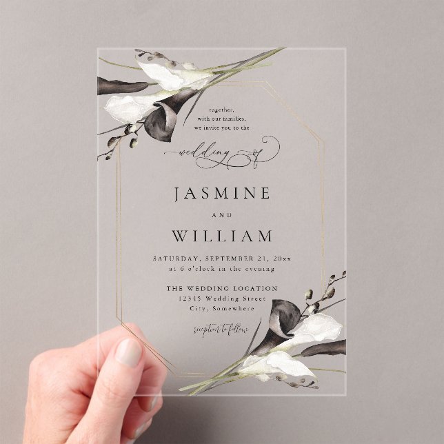 Black & White Floral Wedding 2 Acrylic Invitations (Insitu (Handheld))