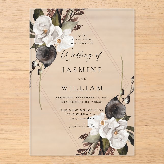 Black & White Floral Wedding Acrylic Invitations (Front)