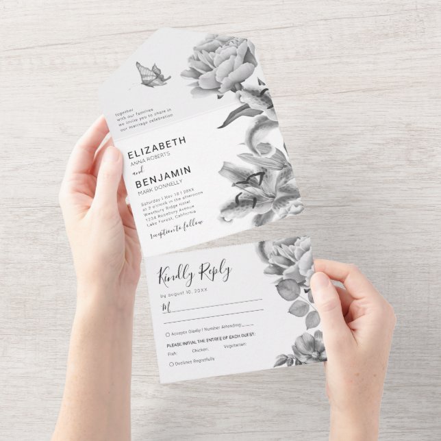 Black White Floral Wedding All In One Invitation (Tearaway)