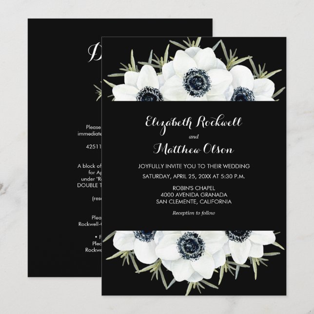 Black White Floral Wedding All In One Invites (Front/Back)