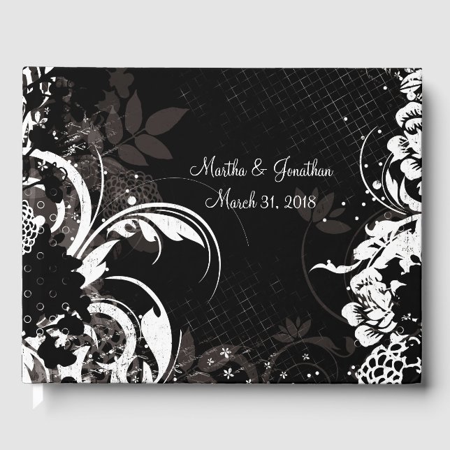 Black White Floral Wedding Bridal Guest Book (Front)