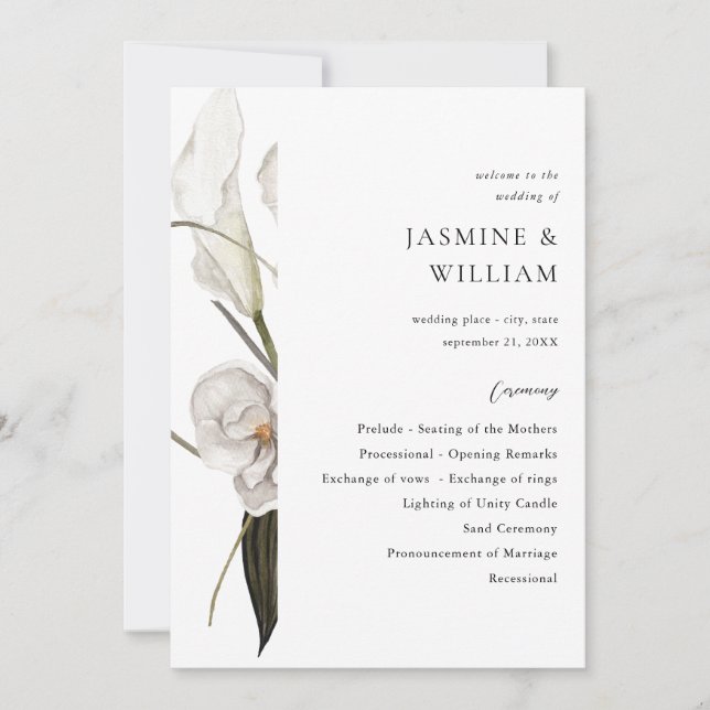 Black & White Floral Wedding Ceremony Program 2 Invitation (Front)