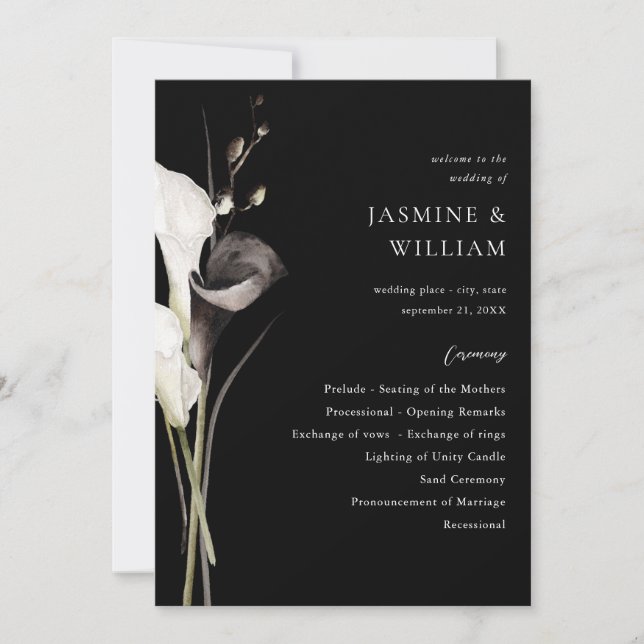 Black & White Floral Wedding Ceremony Program B Invitation (Front)