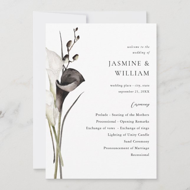 Black & White Floral Wedding Ceremony Program Invitation (Front)