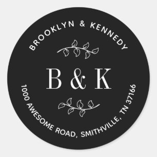 Black White Floral Wedding Couple Return Address Classic Round Sticker