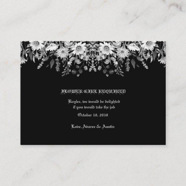 Black White Floral Wedding Flower Girl Enclosure Card (Front)