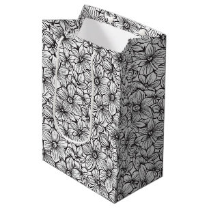 Black White Floral Wedding Medium Gift Bag