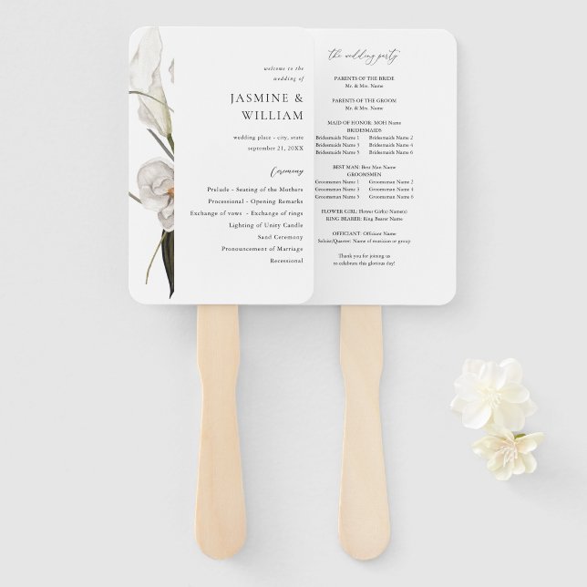 Black & White Floral Wedding Program 2 Hand Fan (Front and Back)