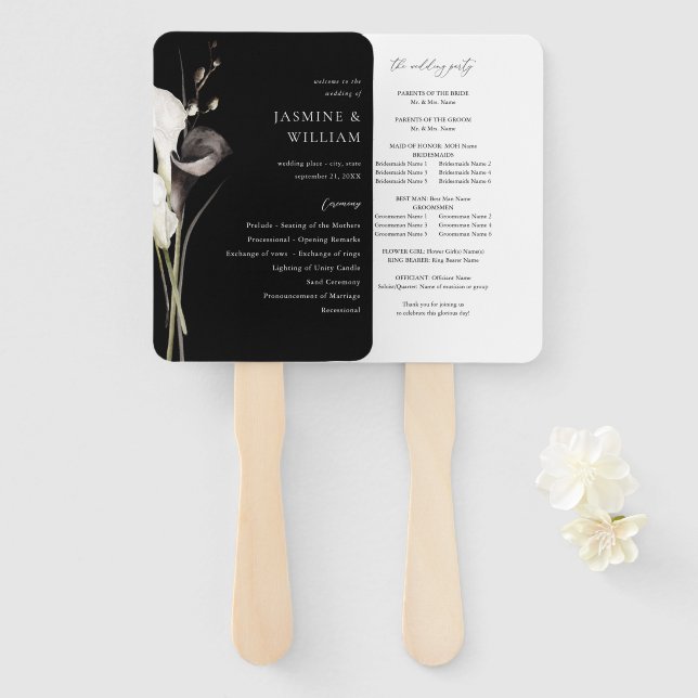 Black & White Floral Wedding Program Black Hand Fan (Front and Back)