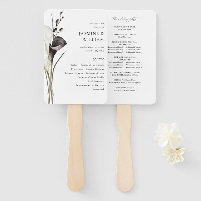 Black & White Floral Wedding Program Hand Fan (Front and Back)