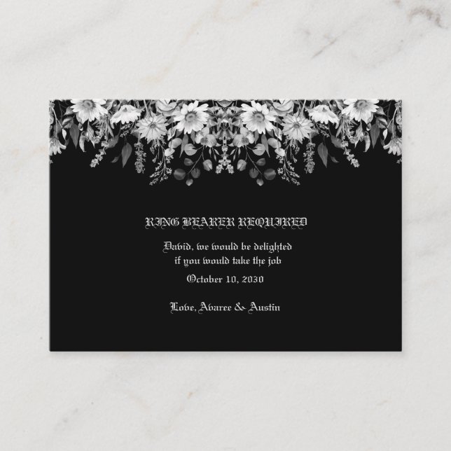 Black White Floral Wedding Ring Bearer Enclosure Card (Front)