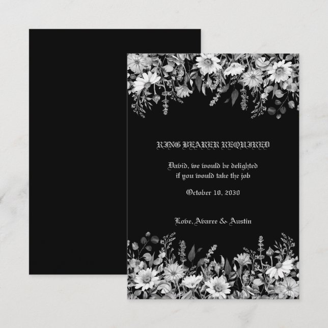 Black White Floral Wedding Ring Bearer Enclosure Thank You Card (Front/Back)