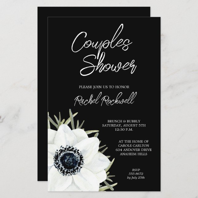 Black White Floral Wedding Shower Invitations (Front/Back)
