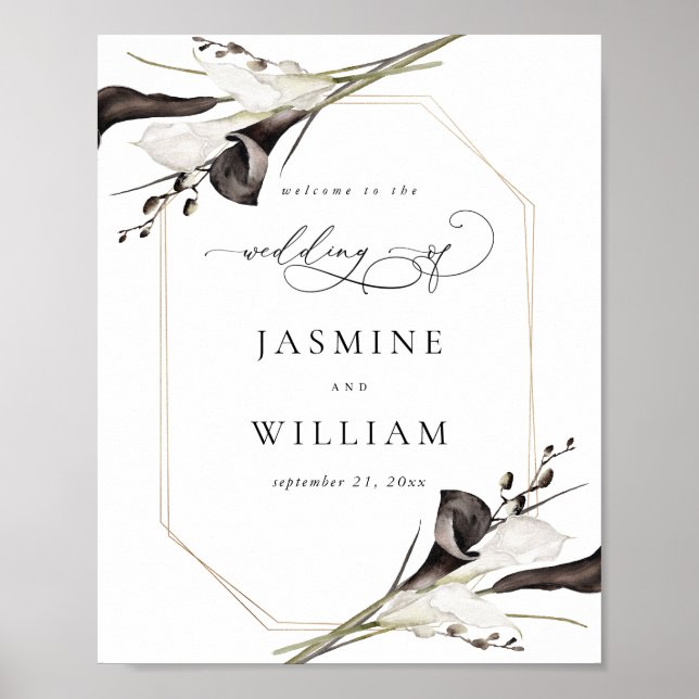 Black & White Floral Wedding Welcome Sign 2 (Front)