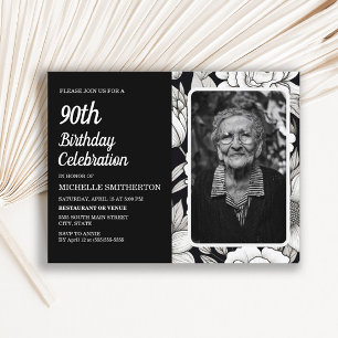 Black White Floral Women's Photo 90th Birthday Invitation Postcard
