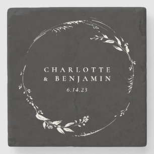Black White Floral Wreath Monogram Personalised Stone Coaster