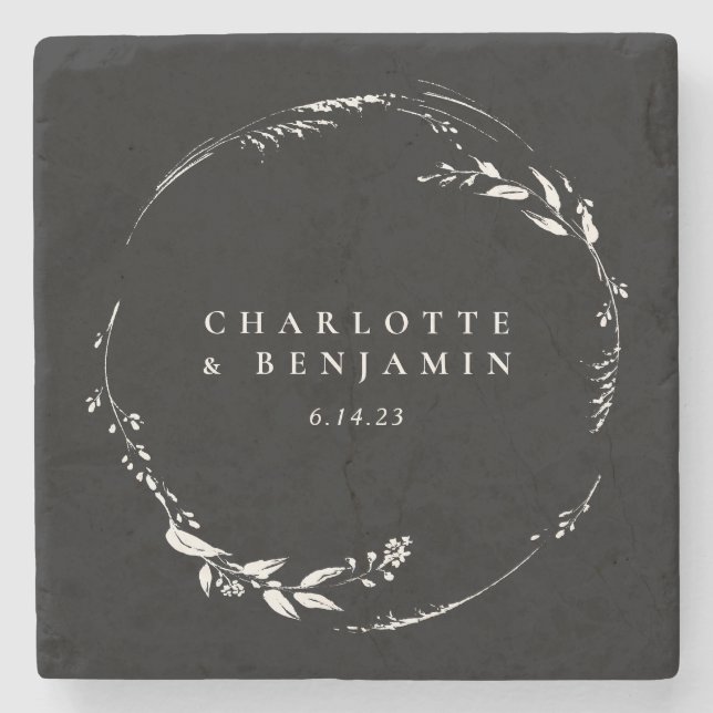 Black White Floral Wreath Monogram Personalised Stone Coaster (Front)