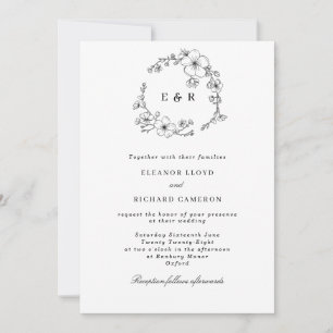 Black & White Floral Wreath Monogram Wedding Invitation